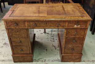 PEDESTAL DESK, Victorian re veneered burr walnut of compact proportions with brown leather top above