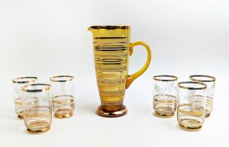 A MID 20TH CENTURY ITALIAN AMBER COLOURED WINE JUG, circa 1960, with six beakers, the beakers with