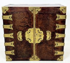 CABINET, 69cm H x 73cm x 42cm, 19th century Chinese burr elm, elm and brass bound of two doors