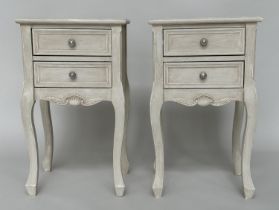 BEDSIDE CHESTS, a pair, French Louis XV style, grey painted each with two drawers and cabriole