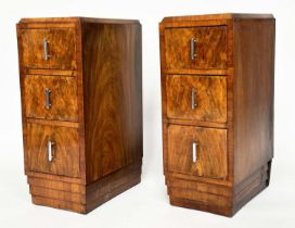 ART DECO BEDSIDE CHESTS, a pair, burr walnut each with three drawers and original chromed bale
