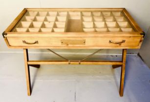 SPECIMEN TABLE, with a single drawer, glass top, 95cm x 45cm x 73cm approx.