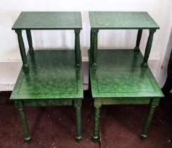 BEDSIDE TIERED TABLES, a pair, each 56cm D x 74cm H x 41cm W, in a green paint effect finish. (2)