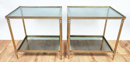 SIDE TABLES, a pair, metal frames, each with two tinted glass tiers with mirrored trim, 56cm x