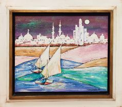 KEN DAVIS 'Abu Dhabi', oil on board, 51cm x 61cm, framed.