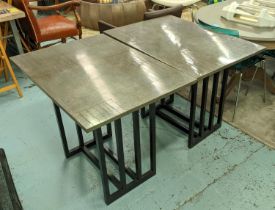 HOFFMANN STYLE CONSOLE TABLES, a near pair, faux zinc tops on black bases, 95cm 66cm x 77cm each. (