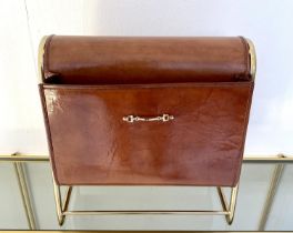 READING RACK, 1960's French style, 39cm H x 38cm x 20cm deep, tanned leather, gilt metal frame.