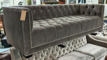 SOFA, buttoned grey velvet upholstered, studded detail, 230cm L x 84cm D x 74cm H