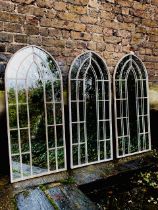 ARCHITECTURAL GARDEN WALL MIRRORS, 115cm high, 50cm wide, a set of three, Gothic style, grey metal