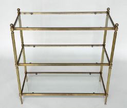 SHELVES, Regency style rectangular with reeded gilt metal supports and three rectangular glass