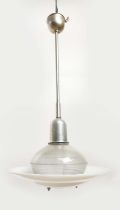 HOLOPHANE PENDANT LAMP, opaline and aluminium glass, vintage 20th century, 98cm H x 50 cm D