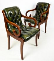 ARMCHAIRS, 86cm H x 52cm W, a pair, Regency style mahogany and buttoned green leather. (2)