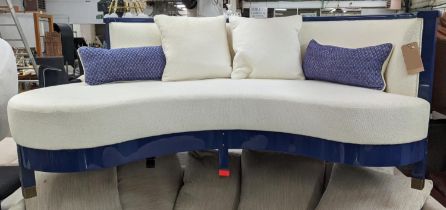 KIDNEY SHAPED SOFA, 186cm W x 83cm H x 80cm D, with blue lacquered frames and neutral boucle