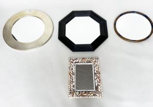 WALL MIRRORS, four various including a rectangular shell mirror, ebonised octagonal, silvered