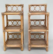 LAMP TABLES, a pair, rattan framed, wicker panelled and cane bound each with three tiers, 34cm x