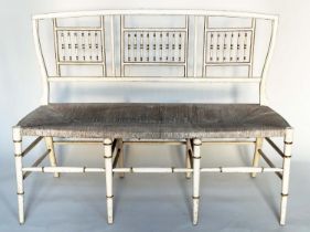 HALL BENCH, 19th century painted with spindle back and rush woven seat, 116cm W.