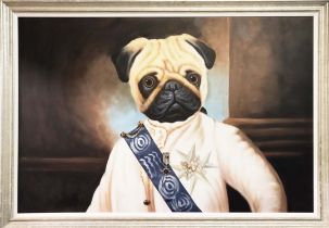 21ST CENTURY SCHOOL, 'Colonel Pug', oil on canvas, 79cm x 119cm, framed.