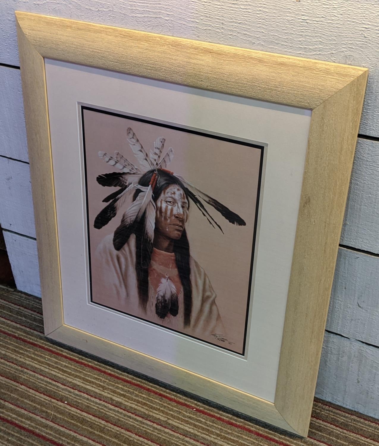 KIRBY SATTLER, 'Native American', giclée print, 45cm x 39cm, 15/300, signed and framed. - Image 2 of 6