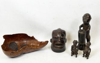 MAKONDE HELMET MASK, Mozambique 30cm H, a Mbala people carved drummer, 50cm H, a pair of Yoruba