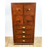 TALL CHEST OF DRAWERS, 41cm x 65cm x 122cm, with eight drawers, tan leathered finish, gilt metal