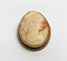 A 9CT GOLD CAMEO BROOCH, Birmingham 1973, gadrooned edge, depicting the profile of a lady.