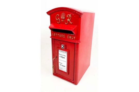 POST BOX, George IV style, cast iron with Royal cipher in red painted finish with key, 58cm H x 39cm - Image 1 of 14