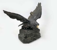BRONZE EAGLE, Japanese Meiji style, realistically cast perched on rock about to take flight, 40cm