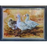 VICKI HOPKINSON (20th century British), 'Geese', oil on canvas, 60cm x 90cm, framed.