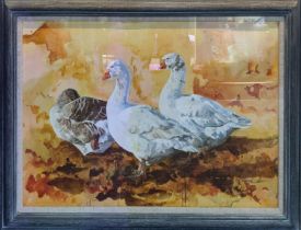 VICKI HOPKINSON (20th century British), 'Geese', oil on canvas, 60cm x 90cm, framed.