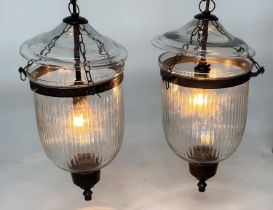 BELL JAR HALL LANTERNS, a pair, glass reeded tapering and bronze style mounted, 58cm H x 34cm. (2)