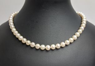 A CULTURED PEARL SINGLE STRAND NECKLACE, fitted with approximately 53 pearls each of approximately