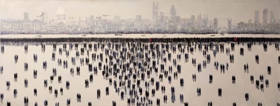 DAVID WHEELER (B.1952), 'Southbank, City & St Pauls', oil on canvas, 70cm x 181cm, signed verso.