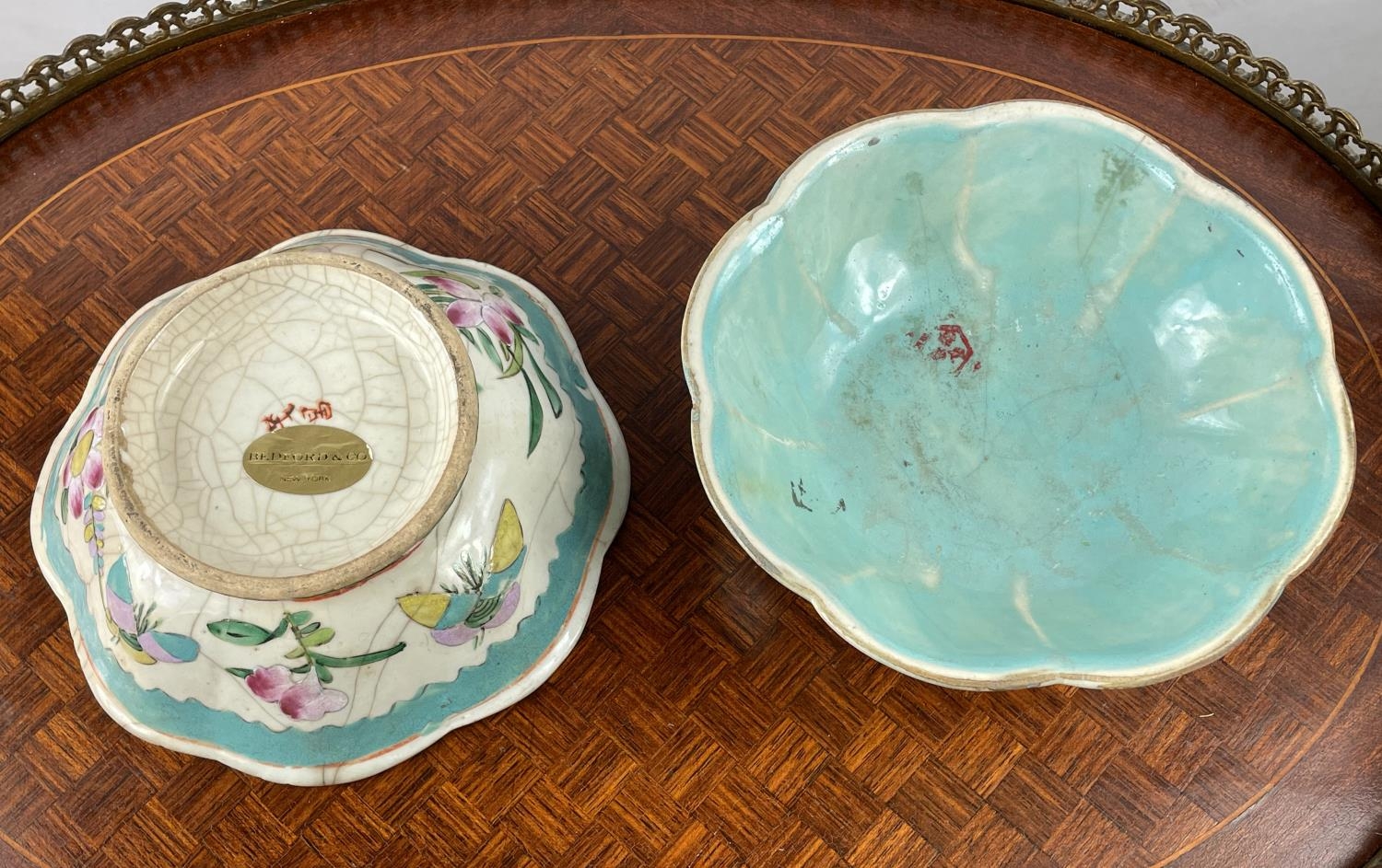 CHINESE FAMILLE ROSE BOWLS, a pair, 19th century along with a blue and white scrolling foliate - Image 3 of 10