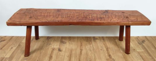 GARDEN BENCH, single plank axed top, splayed legs, hardwood, 46cm H x 150cm x 32cm.