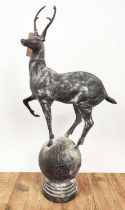 SCULPTURAL STAG, 100cm H, cast metal on globular base.