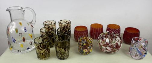 COLLECTION OF COLOURFUL ART GLASS: to include Murano items, large Millefiori glass jug, 6 mottled