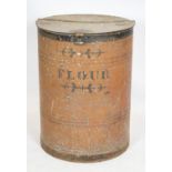 FLOUR DRUM, 79cm H x 60cm, early/mid 20th century painted zinc with hinged top.