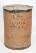 FLOUR DRUM, 79cm H x 60cm, early/mid 20th century painted zinc with hinged top.
