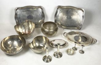 TRAYS, a pair, silver plated, a 1970s jardiniere, three designer bowls, a pair of Mappin and Webb