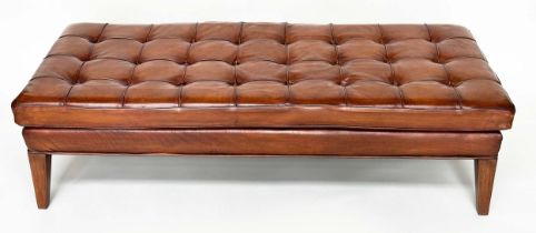 LEATHER HEARTH/CENTRE STOOL, 1970s style rectangular buttoned mid brown natural leather with