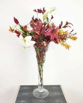 GLASS VASE WITH FAUX FLOWERS, trumpet form vase, 100cm H.