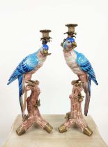 CANDLESTICKS, a pair, glazed ceramic and gilt mounts in form of parrots, 50cm H. (2)