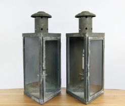 WALL LANTERNS, a pair, aged metal and glass, 24.5cm x 21.5cm x 52cm approx each. (2)