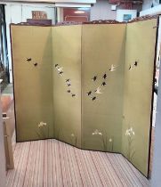 SCREEN, four fold, Oriental influence with a wooden showframe, green fabric with stylised