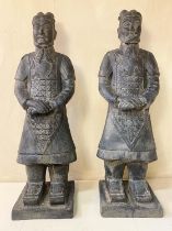 TERRACOTTA WARRIOR STYLE FIGURES, a pair, cast resin, 120cm high, 34cm wide. (2)