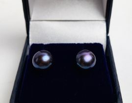 EARRINGS, a pair cultured peacock pearl stud earrings, 9ct gold backs, complete with box.