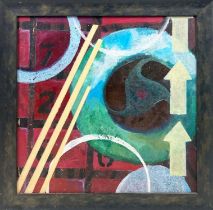 MANNER OF ALEXANDER RODCHENKO, 'Abstract with arrows and numbers', oil on board, 49cm x 49cm,