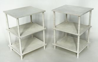ETAGERES/LAMP TABLES, a pair, Regency style grey painted, each square with three tiers, 55cm x
