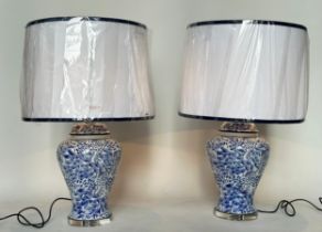 TABLE LAMPS, a pair, large Chinese blue and white ceramic of lidded vase form with lucite bases