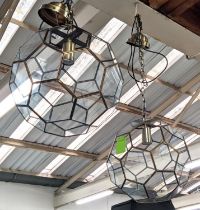 CEILING PENDANT LIGHTS, a set of two, hexagonal segmented glazing, 198cm drop at largest. (2)